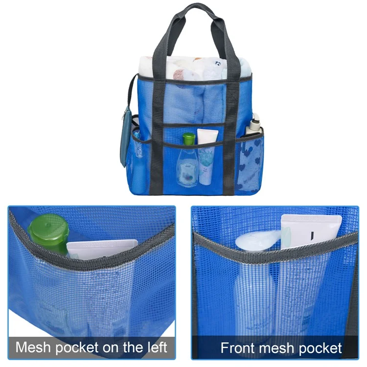 Outdoor Beach Canvas Mesh Bag Multiple Pockets Bath Toiletries Organizer Tote - Blue