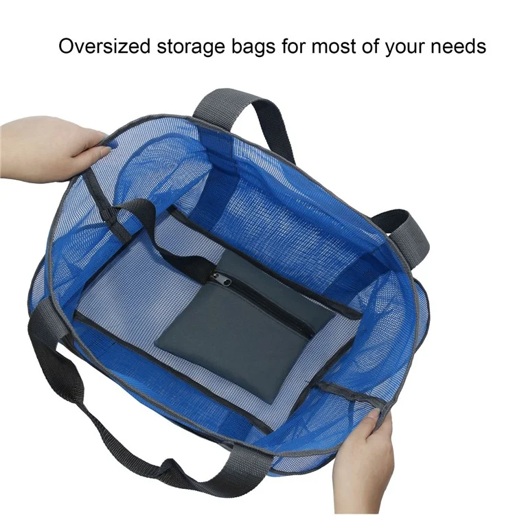 Outdoor Beach Canvas Mesh Bag Multiple Pockets Bath Toiletries Organizer Tote - Blue