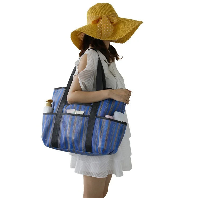 Outdoor Beach Canvas Mesh Bag Multiple Pockets Bath Toiletries Organizer Tote - Blue