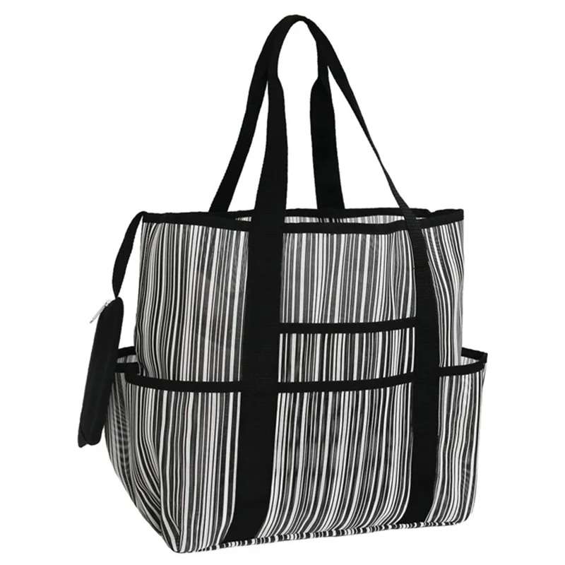 Outdoor Beach Canvas Mesh Bag Multiple Pockets Bath Toiletries Organizer Tote - Black+White Stripes