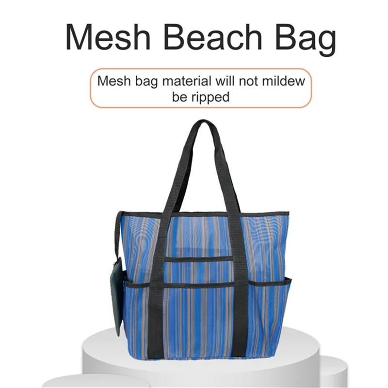Outdoor Beach Canvas Mesh Bag Multiple Pockets Bath Toiletries Organizer Tote - Black+White Stripes