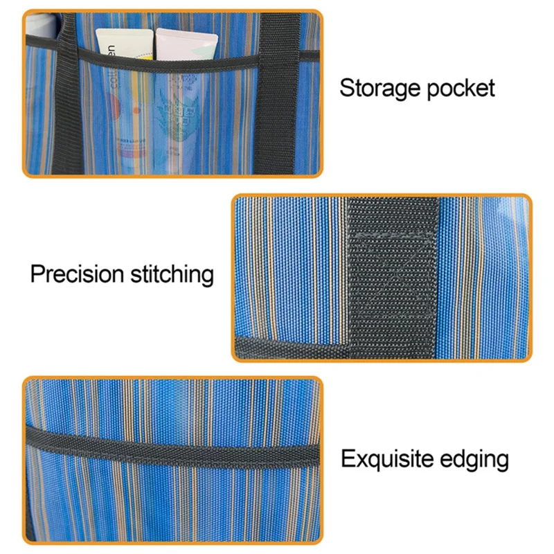 Outdoor Beach Canvas Mesh Bag Multiple Pockets Bath Toiletries Organizer Tote - Black+White Stripes