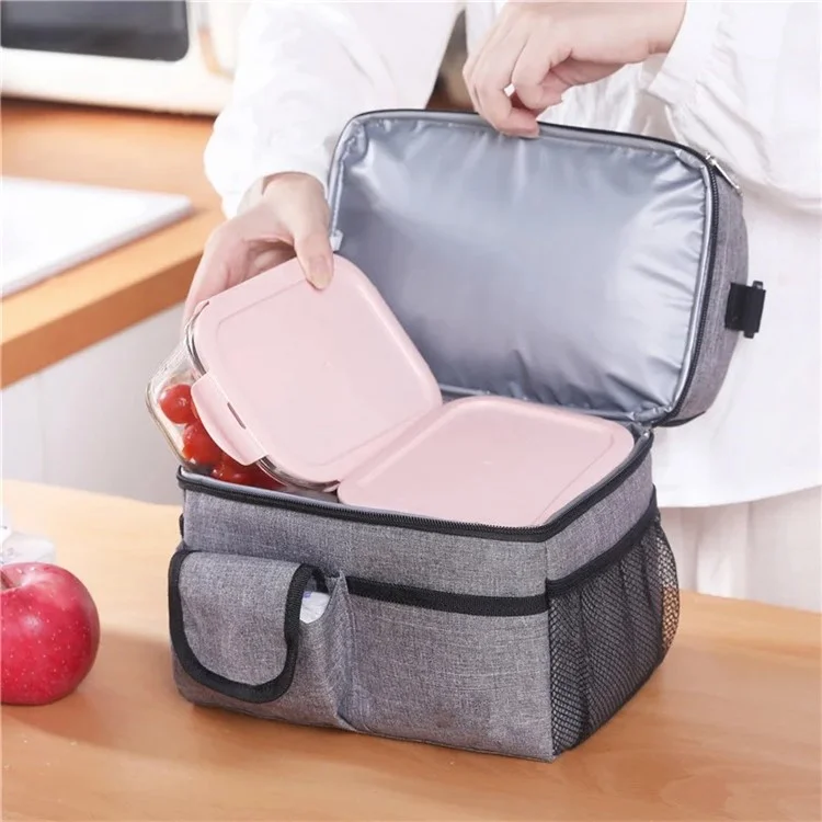 B-8062 Borsa Pranzo Isolata in Panno Oxford 600D a Doppio Strato da 8L con Tracolla - Grigio 