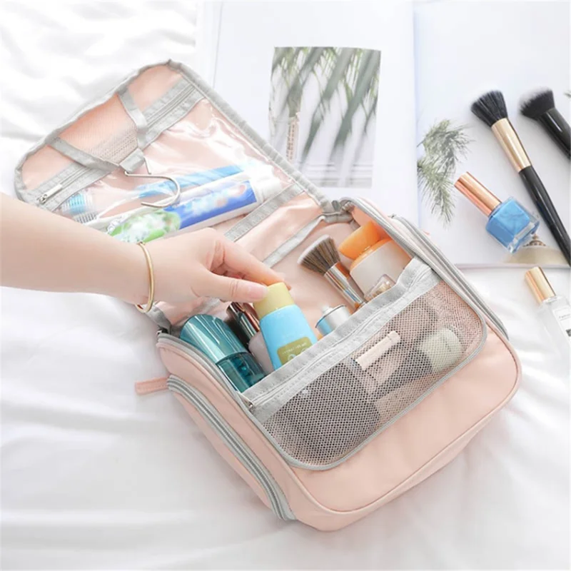 Portable Waterproof Makeup Bag Travel Cosmetics Toiletries Carrying Bag with Hanging Hook - Pink