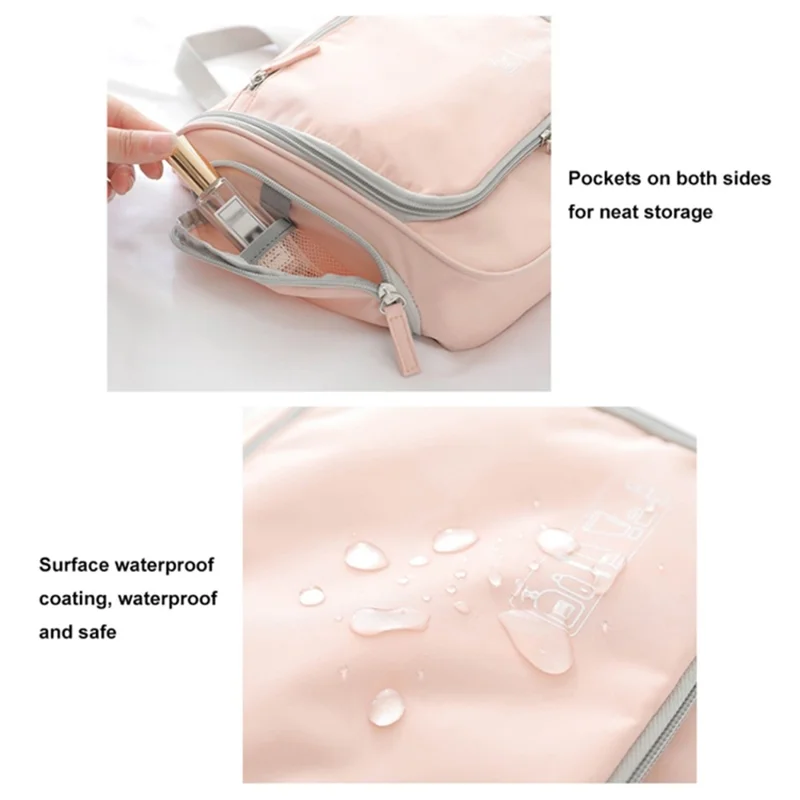 Portable Waterproof Makeup Bag Travel Cosmetics Toiletries Carrying Bag with Hanging Hook - Pink