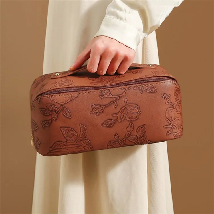 Retro PU Leather Cosmetic Bag Printing Design Travel Toiletries Storage Bag - Brown