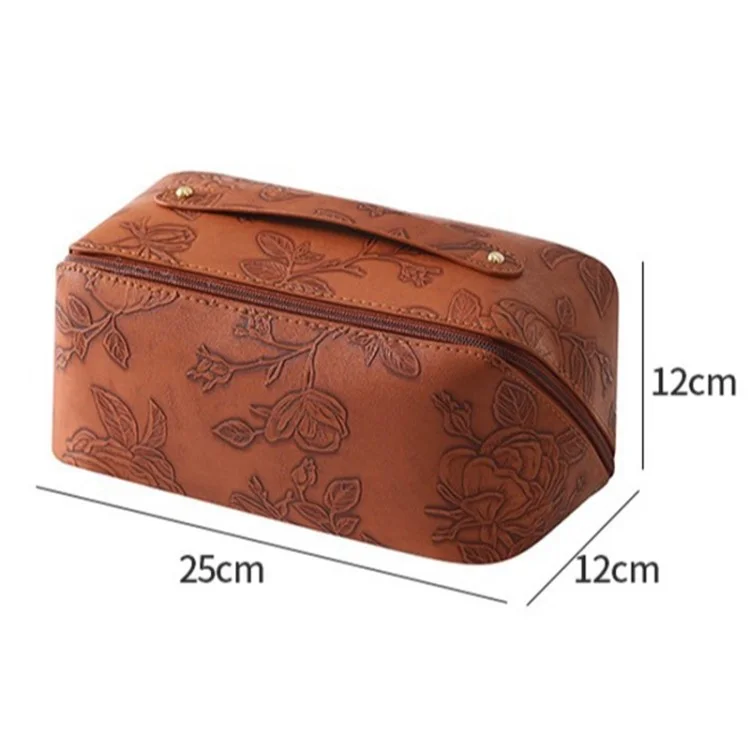 Retro PU Leather Cosmetic Bag Printing Design Travel Toiletries Storage Bag - Brown