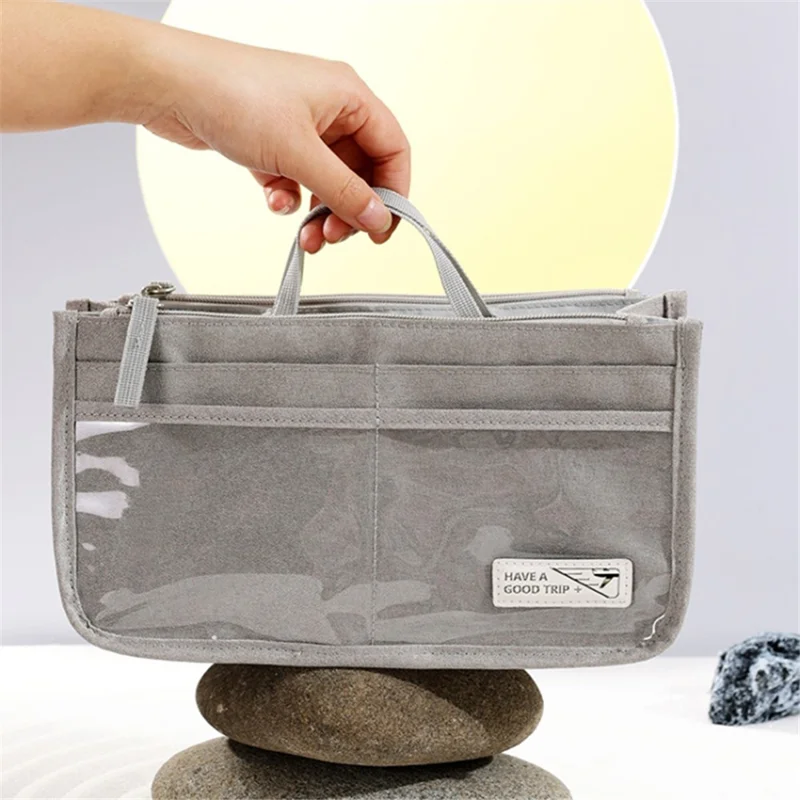 Handheld Makeup Bag Polyester Travel Wash Bag Pouch with Multiple Compartments - Grey