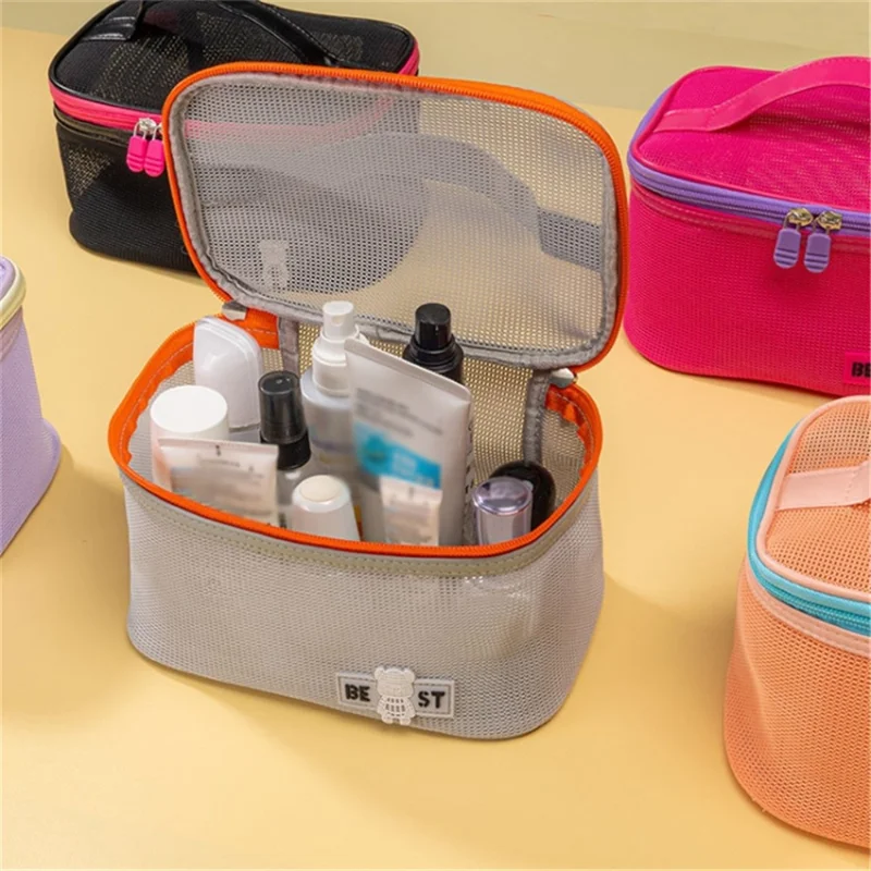 Portable Toiletry Bag Mesh Large Capacity Breathable Cosmetic Storage Bag - Grey