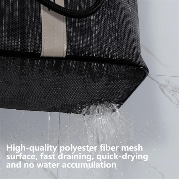 Polyester Fiber Mesh Shower Bag Tote Handbag Bath Shampoo Organizer (Long Type) - Black