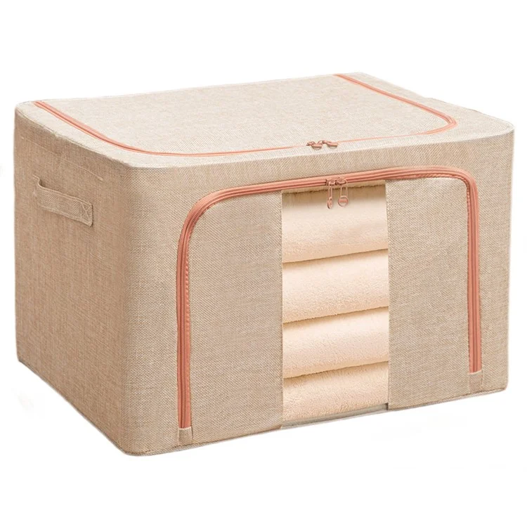 24L Clothes Storage Bags Cotton Linen Clear Window Wardrobe Storage Organizer Box with Handle - Beige