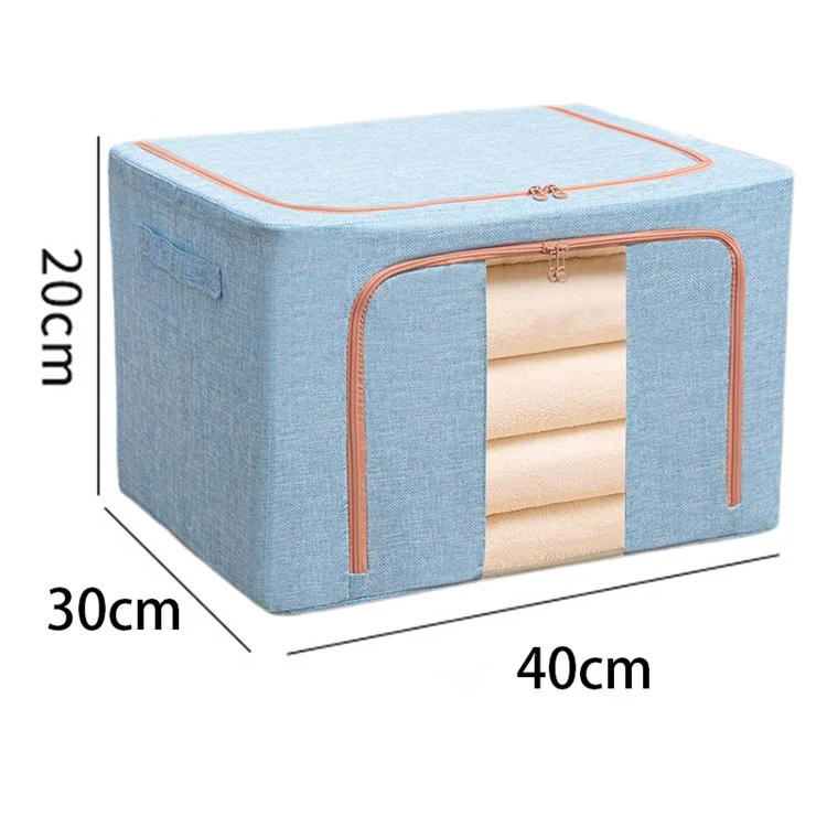 24L Clothes Storage Bags Cotton Linen Clear Window Wardrobe Storage Organizer Box with Handle - Beige