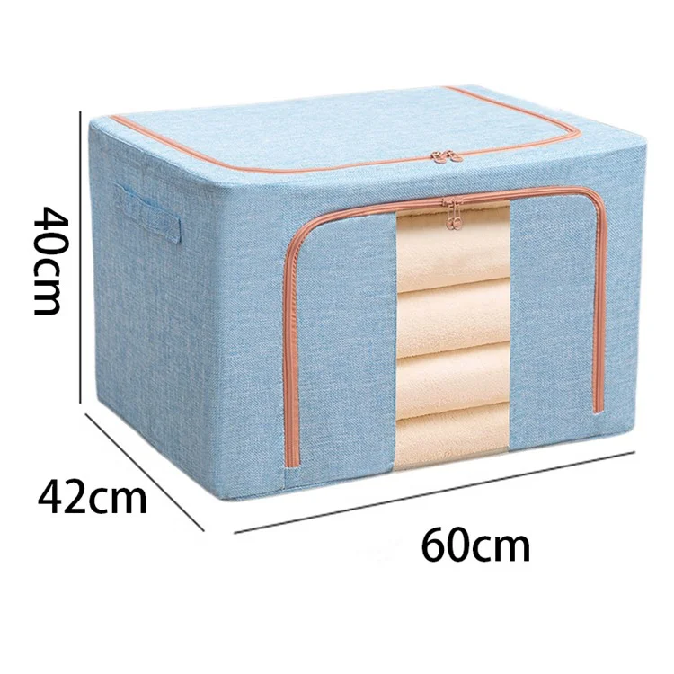 60x42x40cm 100L Linen Storage Box Zipper Lids Folding Cloth Bag with Metal Frame for Home, Dormitory - Baby Blue