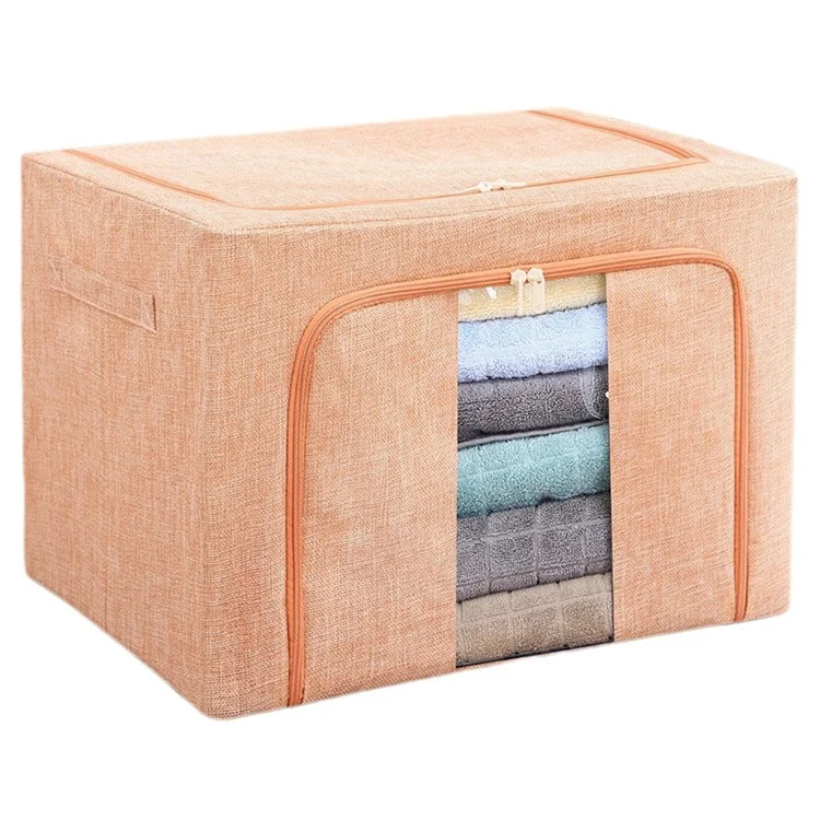 60x42x40cm 100L Linen Storage Box Zipper Lids Folding Cloth Bag with Metal Frame for Home, Dormitory - Pink