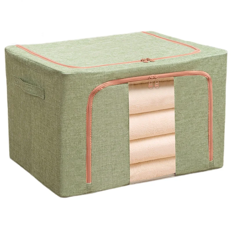 60x42x40cm 100L Linen Storage Box Zipper Lids Folding Cloth Bag with Metal Frame for Home, Dormitory - Light Green