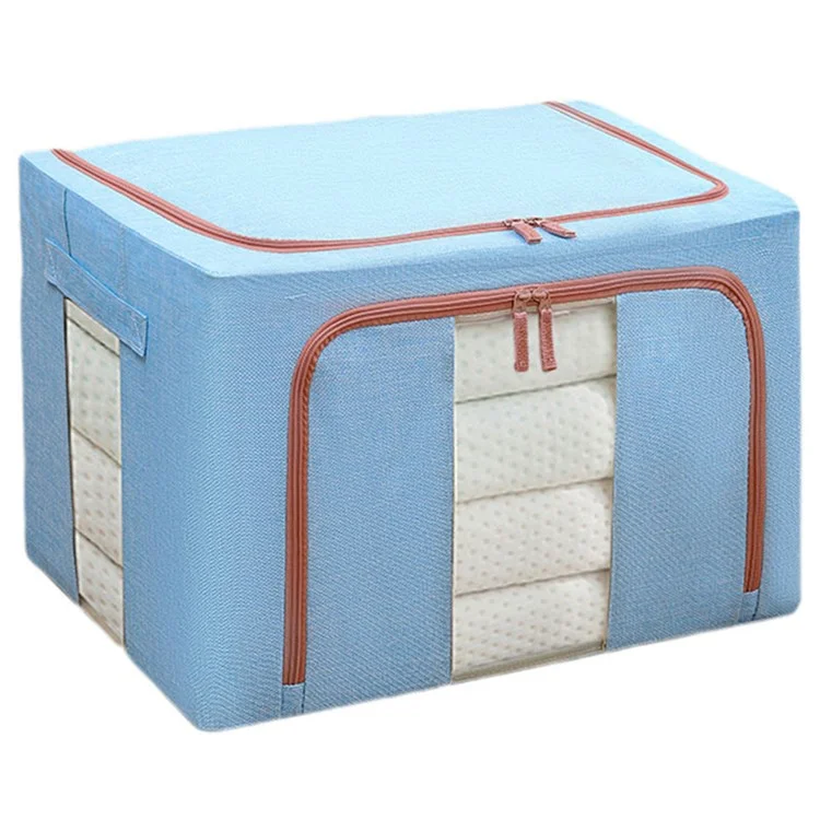 100L Large Capacity Clothes Storage Boxes with Lids Cotton Linen 2 Clear Window Storage Organizer - Sky Blue