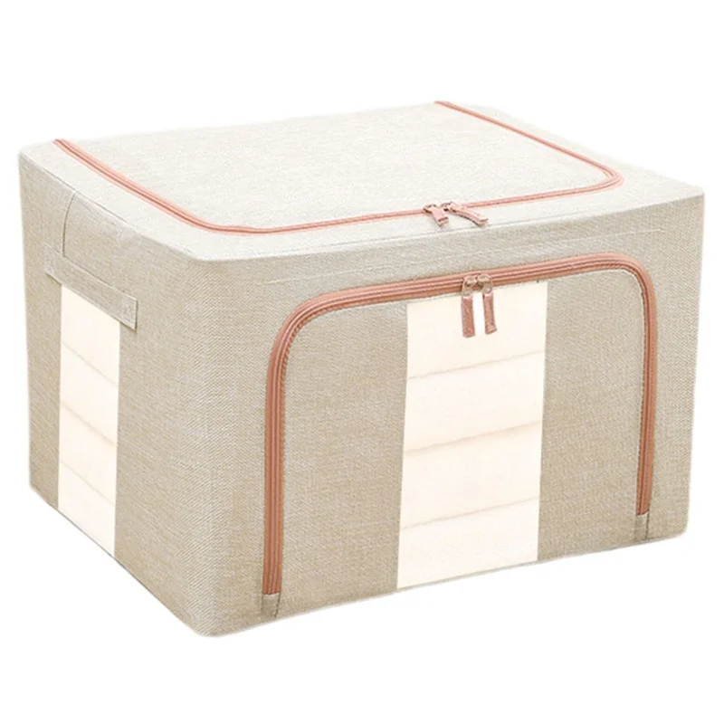 100L Large Capacity Clothes Storage Boxes with Lids Cotton Linen 2 Clear Window Storage Organizer - Beige