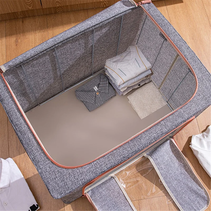 24L 40x30x20cm Linen Cloth Storage Box Foldable Clothes Bin with Dual Clear Window  - Navy Blue
