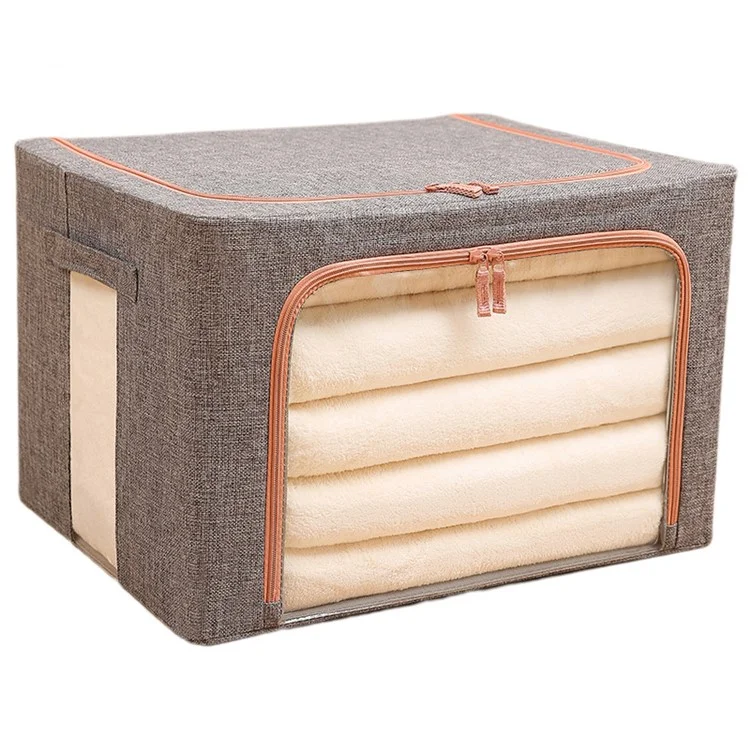 50x40x33cm 66L Clothes Storage Bins Linen Fabric Storage Box with Clear Window and Metal Frame - Grey