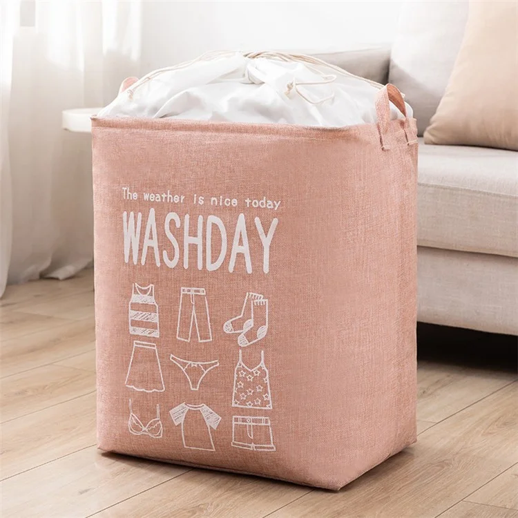 75L 43x33x53cm Drawstring Laundry Bag Cotton Linen Foldable Clothes Bag - Pink