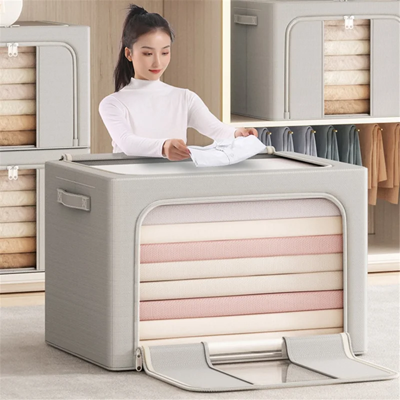 24L 40x30x20cm Clothes Storage Bins with Foldable Sturdy Frame Household Closet Organizers - Single Window / Khaki