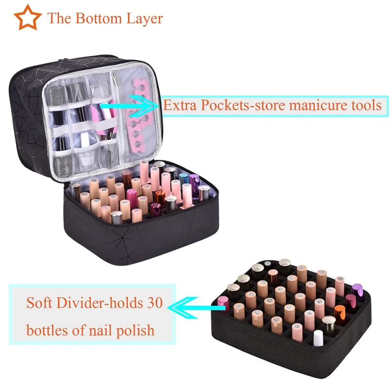 Nail Polish Storage Bag Double Layer Portable Manicure Tools Organizer Tote Bag - Black