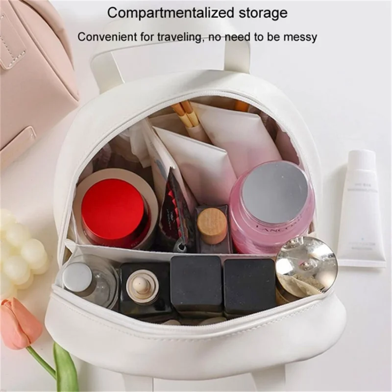 Handheld Shell Makeup Bag Large Capacity PU Leather+Polyester Travel Toiletries Storage Bag - Coral Pink