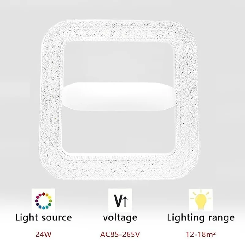 E27 18W Square LED Crystal Light Energy Saving Bedroom Dining Room Home Lamp, White Light 18cm