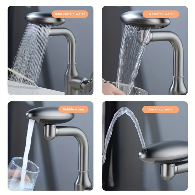 Wash Basin Rotatable Four Modes Hot and Cold Water Faucet Home Bathroom Tap with 2 Water Inlet Pipes - Grey