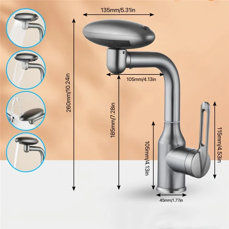 Wash Basin Rotatable Four Modes Hot and Cold Water Faucet Home Bathroom Tap with 2 Water Inlet Pipes - Grey