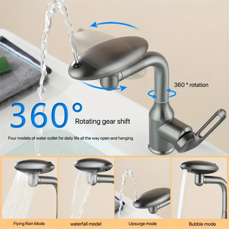 Wash Basin Rotatable Four Modes Hot and Cold Water Faucet Home Bathroom Tap with 2 Water Inlet Pipes - Grey