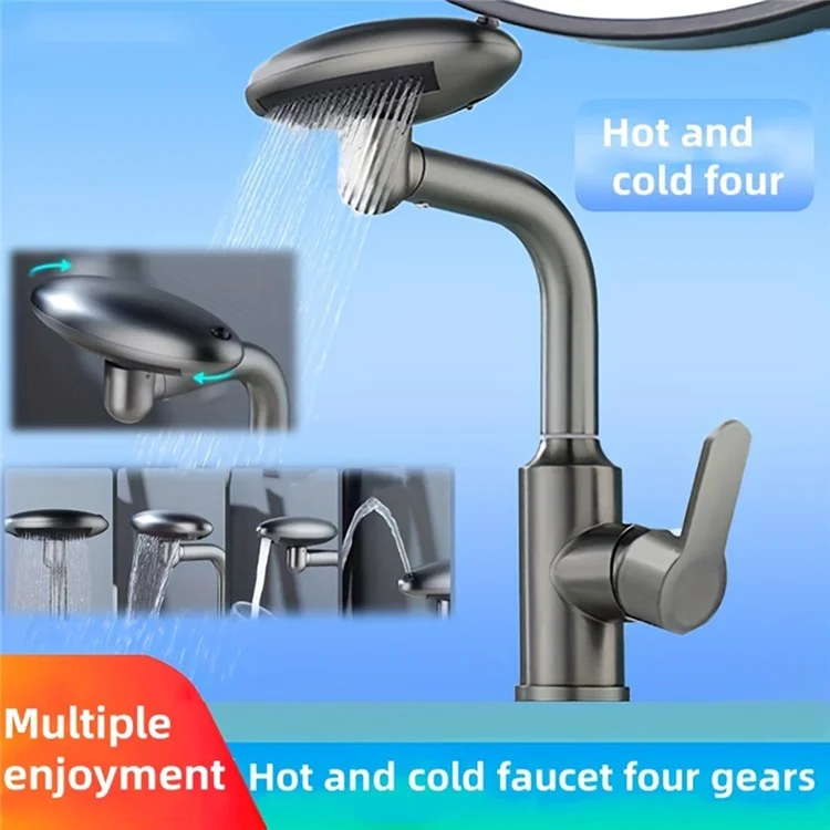 Wash Basin Rotatable Four Modes Hot and Cold Water Faucet Home Bathroom Tap with 2 Water Inlet Pipes - Grey