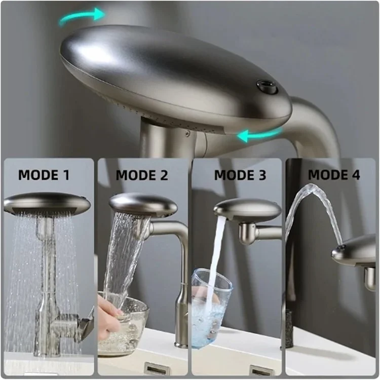 Wash Basin Rotatable Four Modes Hot and Cold Water Faucet Home Bathroom Tap with 2 Water Inlet Pipes - Grey