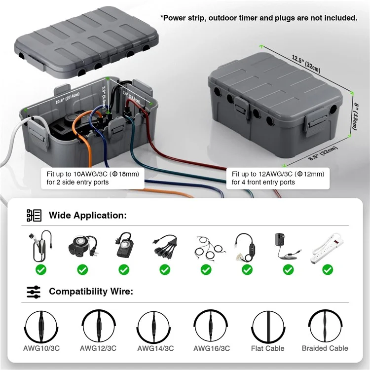 Outdoor Electrical Box IP54 Waterproof Extension Cord Cover Protective Box for Outlet / Plug / Timer / Power Strip - Grey