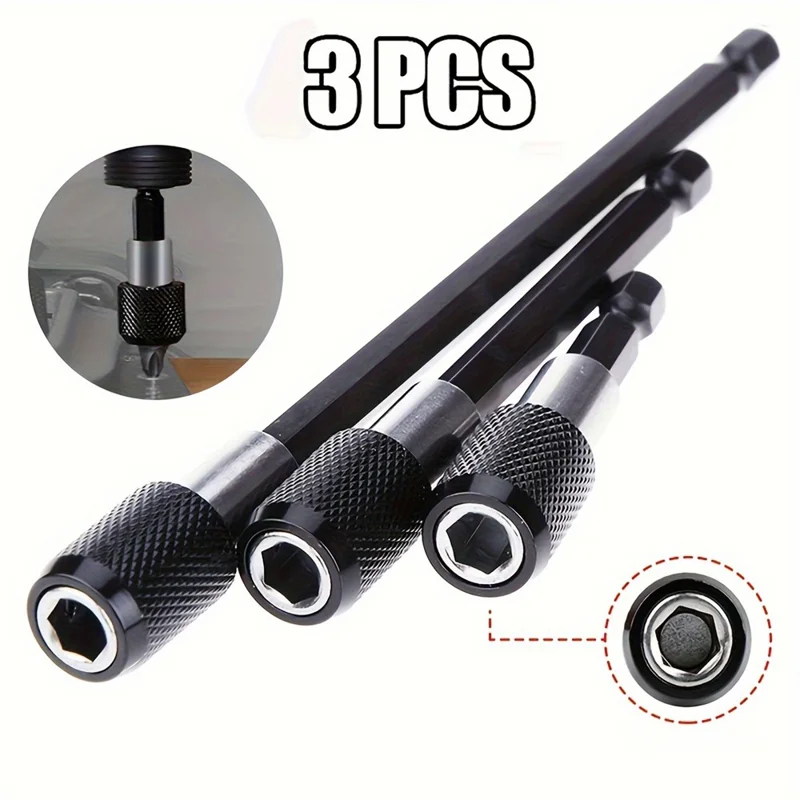 3Pcs Drill Bit Extension Rod Set 60 / 100 / 150mm Carbon Steel Hex Shank Self-Locking Magnetic Extension Rods