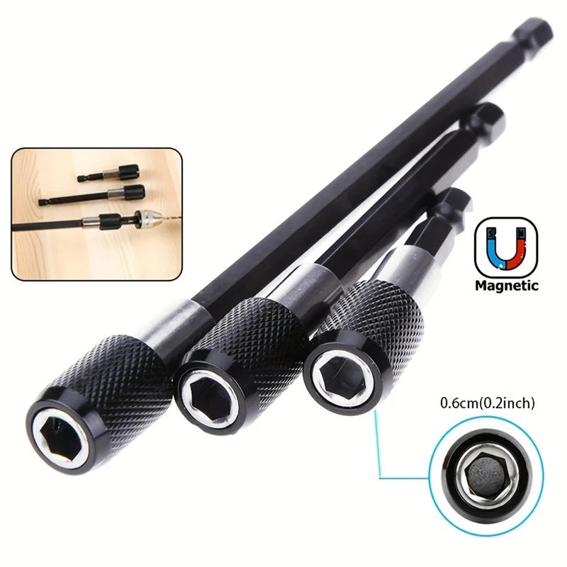 3Pcs Drill Bit Extension Rod Set 60 / 100 / 150mm Carbon Steel Hex Shank Self-Locking Magnetic Extension Rods