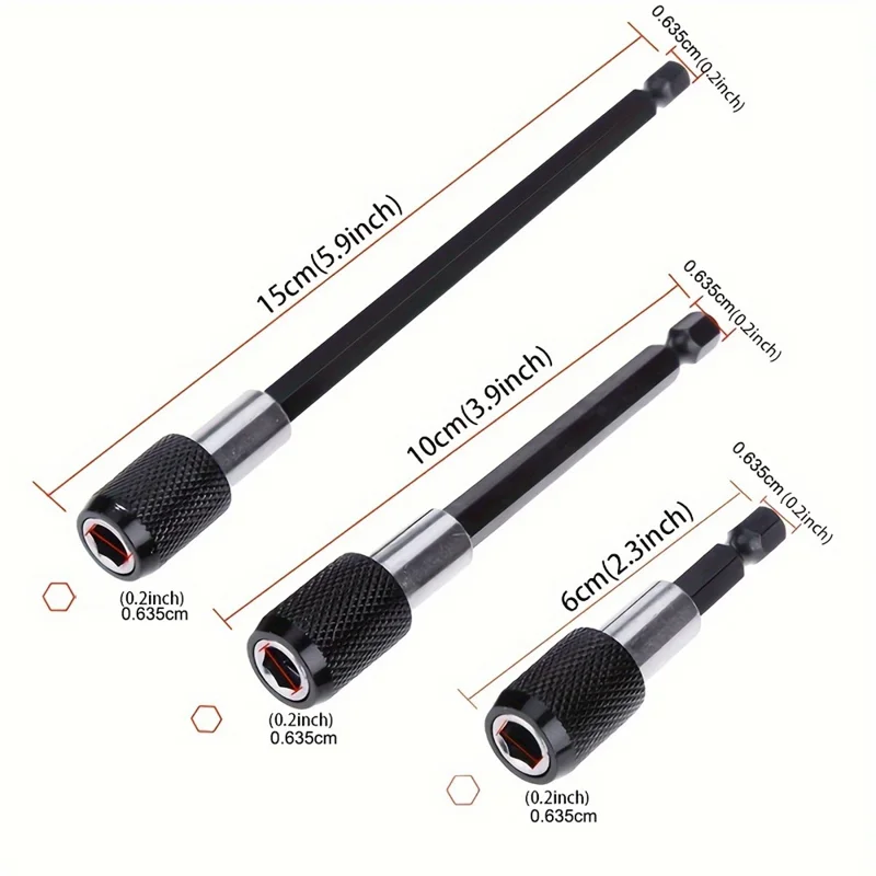 3Pcs Drill Bit Extension Rod Set 60 / 100 / 150mm Carbon Steel Hex Shank Self-Locking Magnetic Extension Rods