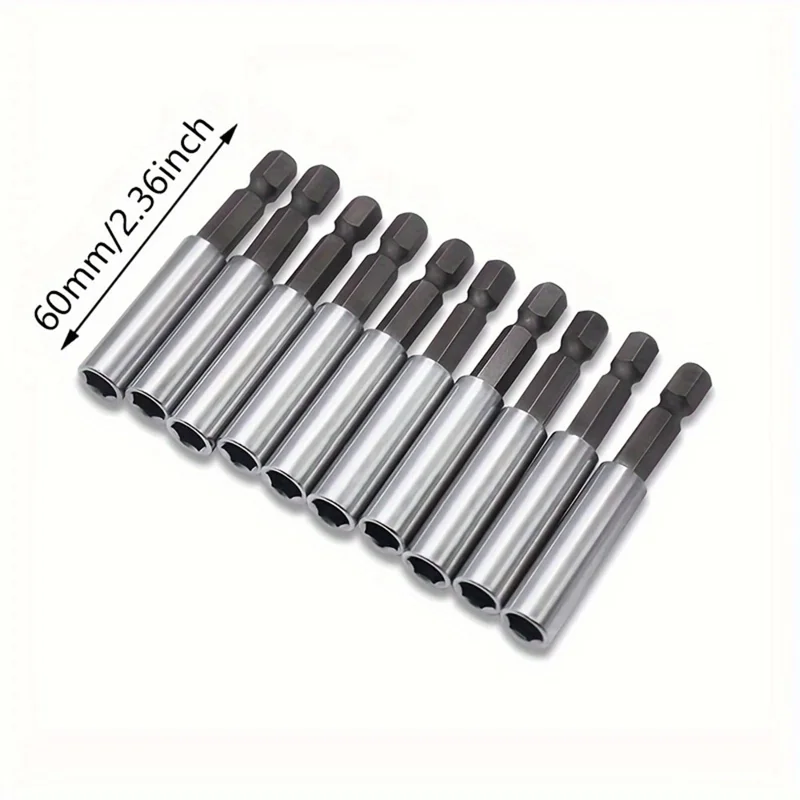 10Pcs 60mm Drill Bit Extension Rod Carbon Steel Hex Shank Electric Drill Magnetic Extension Rods