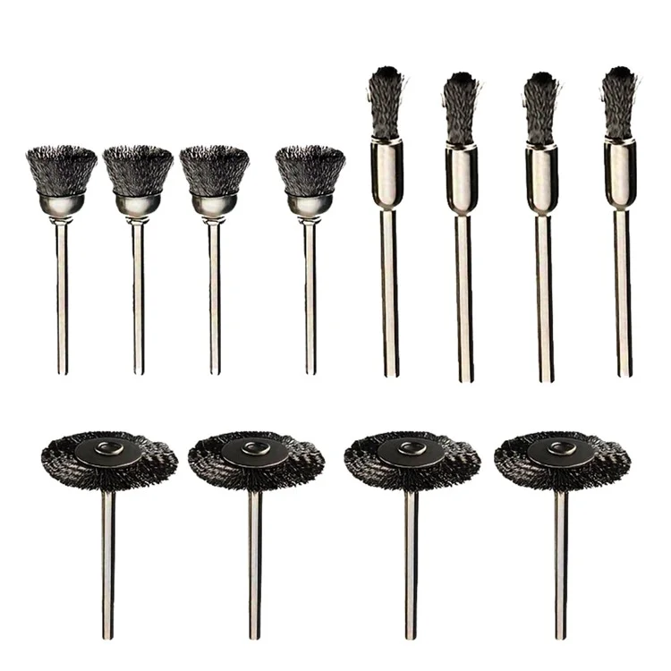 Set da 12 pezzi Spazzole per lucidatura con asta a forma di penna / a ciotola / a T in acciaio da 3 mm per smerigliatrice elettrica - Argento