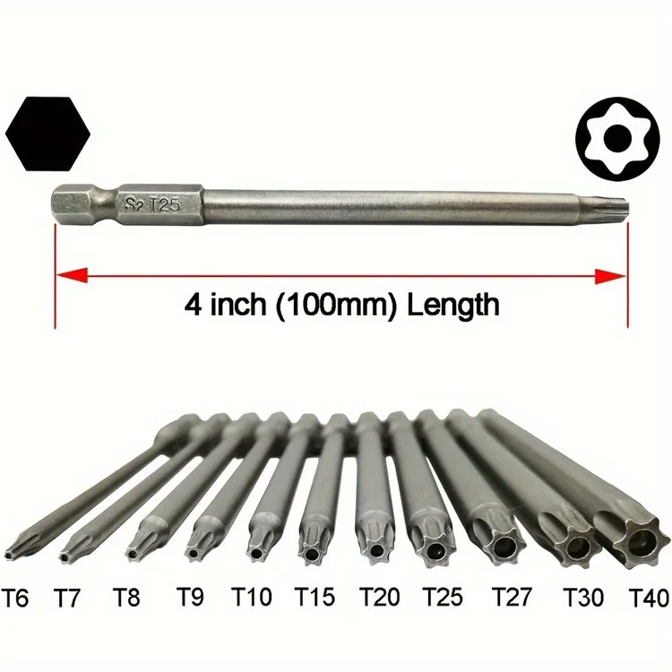 12Pcs Torx Bit Set S2 Steel Hex Shank Magnetic Electric Drill Screwdriver Bit Set - 50mm