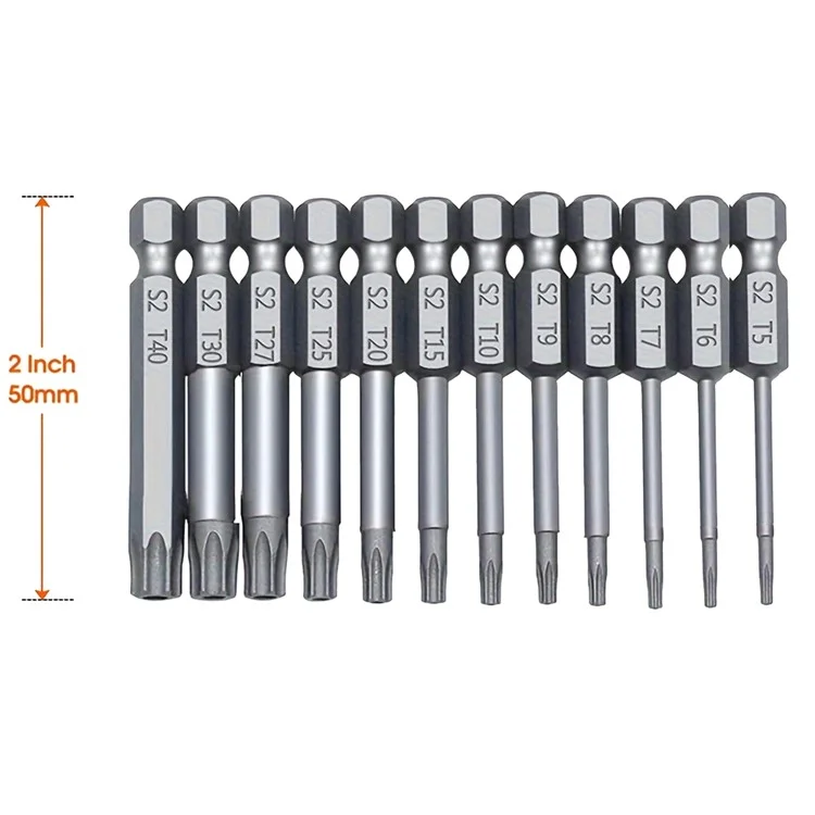 12Pcs Torx Bit Set S2 Steel Hex Shank Magnetic Electric Drill Screwdriver Bit Set - 50mm