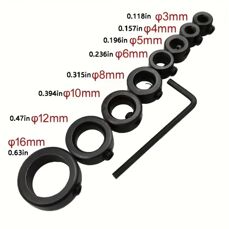 Set da 8 pezzi di collare di arresto per trapano Woodworking in acciaio al carbonio, localizzatore di fori, anelli limitatori con chiave