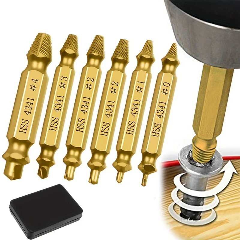 6Pcs HSS 4341 Drill Bit Set Bolt Screw Extractor Breaker Screw Remover Tool - Gold