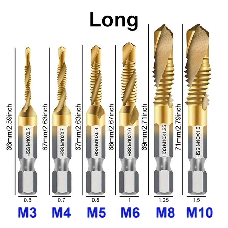 6Pcs / Set M3-M10 Drill Tap Bits Set 1 / 4 Hex Shank HSS Spiral Tap Bits for Deburring, Chamfering, Drilling - Long Type Gold