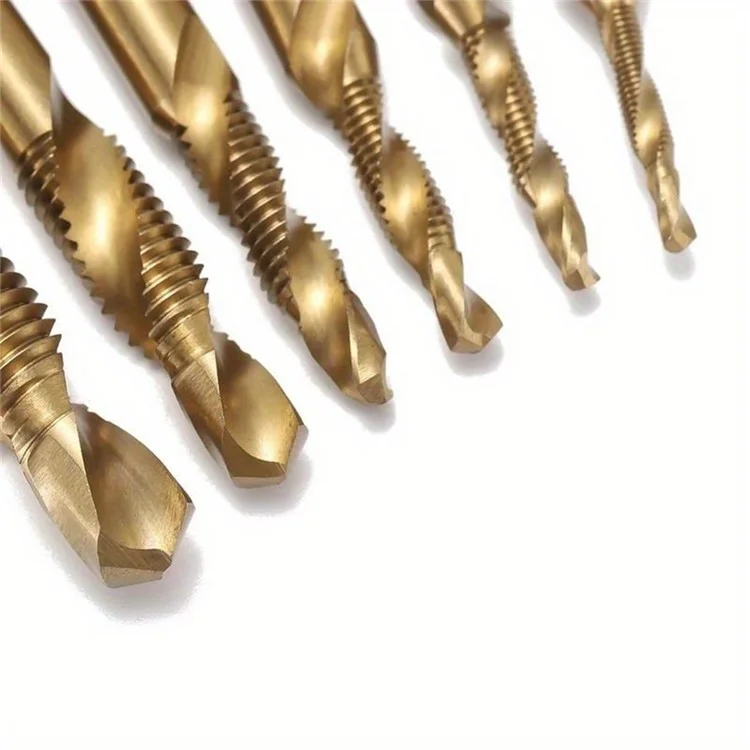 6Pcs / Set M3-M10 Drill Tap Bits Set 1 / 4 Hex Shank HSS Spiral Tap Bits for Deburring, Chamfering, Drilling - Long Type Gold