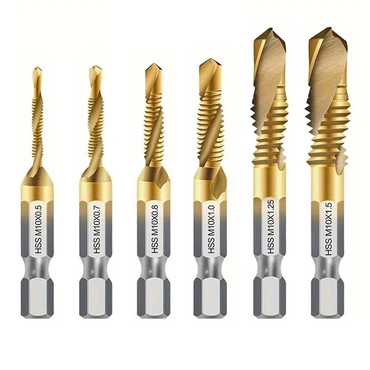 6Pcs / Set M3-M10 Drill Tap Bits Set 1 / 4 Hex Shank HSS Spiral Tap Bits for Deburring, Chamfering, Drilling - Long Type Gold