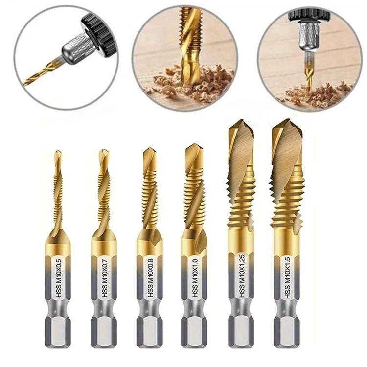 6Pcs / Set M3-M10 Drill Tap Bits Set 1 / 4 Hex Shank HSS Spiral Tap Bits for Deburring, Chamfering, Drilling - Long Type Gold