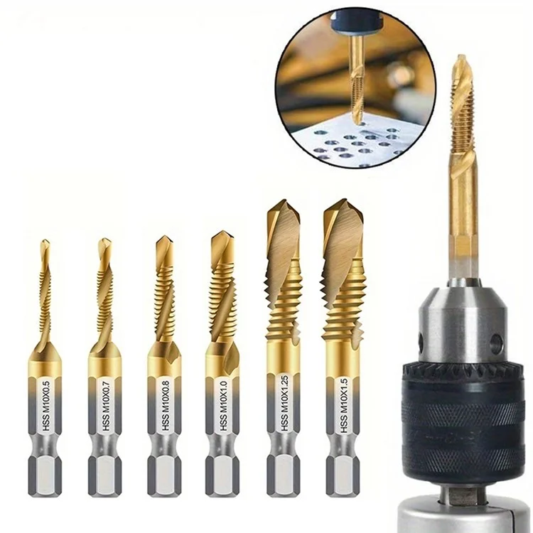 6Pcs / Set M3-M10 Drill Tap Bits Set 1 / 4 Hex Shank HSS Spiral Tap Bits for Deburring, Chamfering, Drilling - Long Type Gold