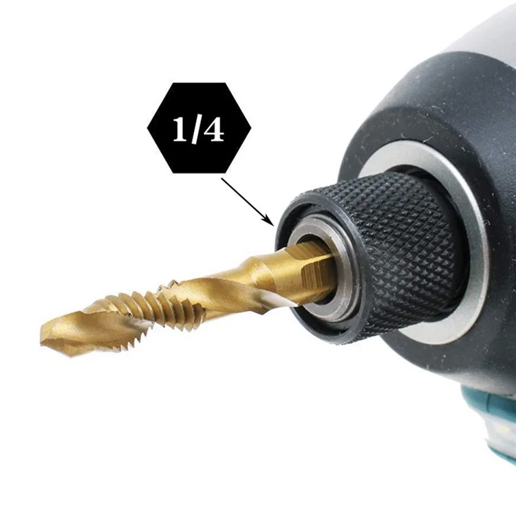 6Pcs / Set M3-M10 Drill Tap Bits Set 1 / 4 Hex Shank HSS Spiral Tap Bits for Deburring, Chamfering, Drilling - Long Type Gold