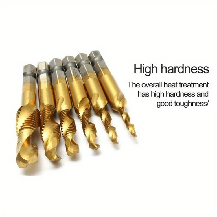 6Pcs / Set M3-M10 Drill Tap Bits Set 1 / 4 Hex Shank HSS Spiral Tap Bits for Deburring, Chamfering, Drilling - Long Type Gold